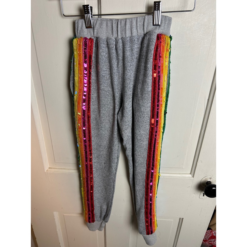Lola + The Boys Kids Gray Rainbow Sequin Stripe Jogger Sweatpants Size 10 - Picture 2 of 7